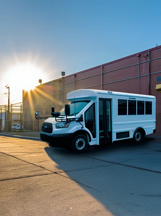 White shuttle bus parked next to a prison near Chicago